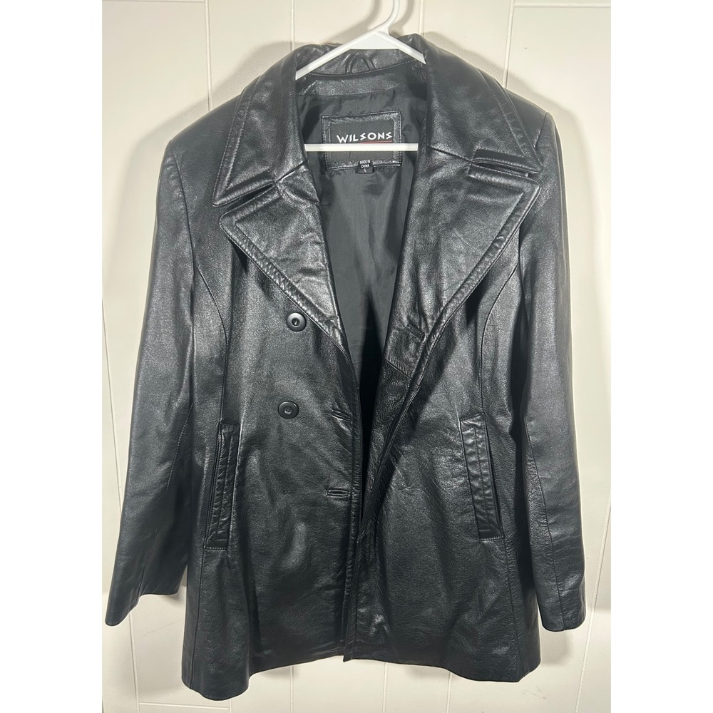 Wilsons Leather Black Double Breasted Pea Coat Jacket Womens L - missing buttons